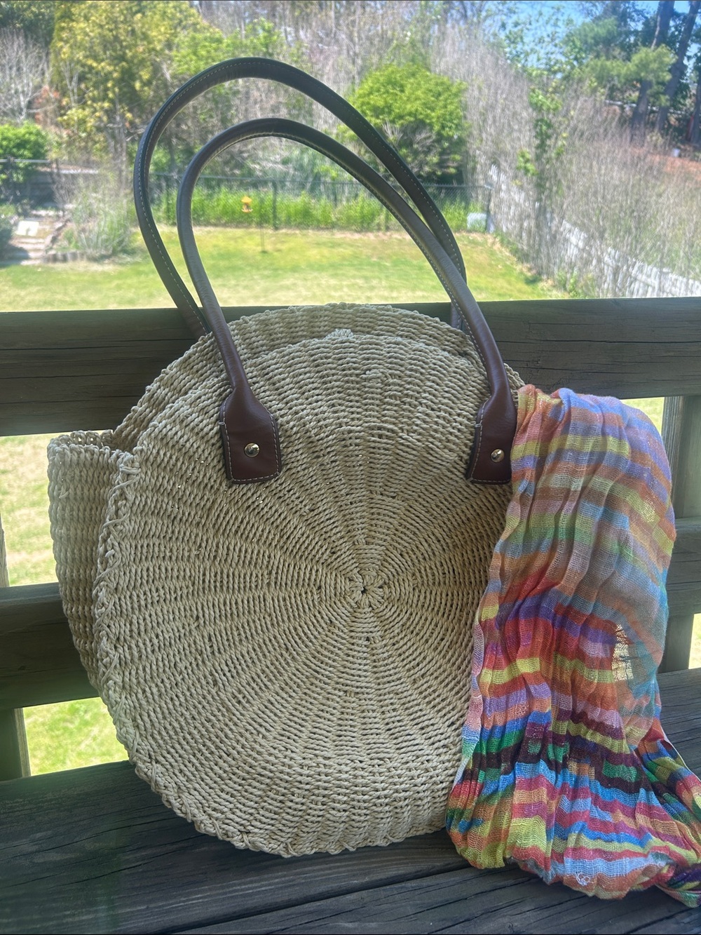 Straw Round Tote Bag with Brown Handles - Neutral